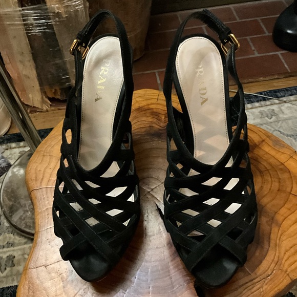 PRADA black suede platform sandals with 5” covered heel and woven vamp 8.5 - Picture 2 of 11